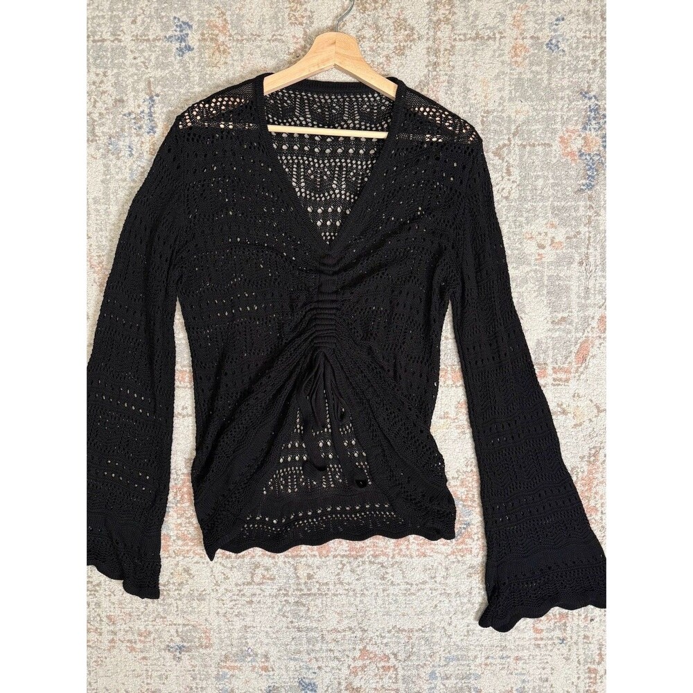 Black Crochet Tie Front Sweater Top Bell Sleeve Boho Festival Y2K Women's M